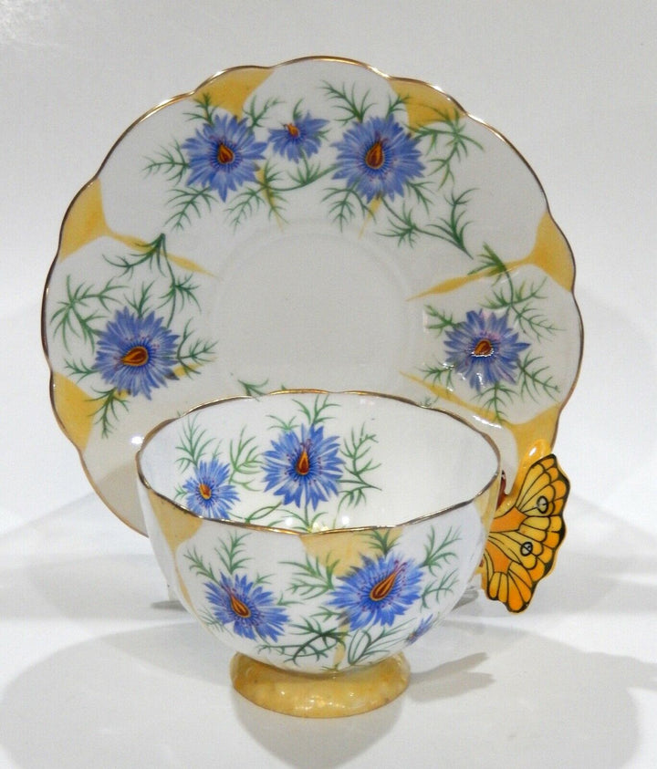 Rare 1930s Aynsley BUTTERFLY HANDLE CORNFLOWER CUP & SAUCER Hand painted Details