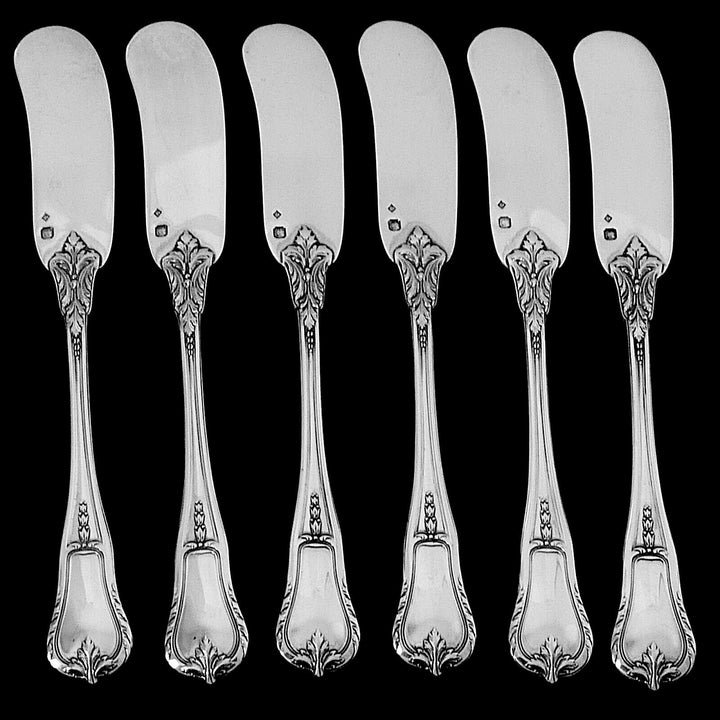 Tetard Rare French Sterling Silver Crystal Caviar Cups with Spreaders 12 Pc