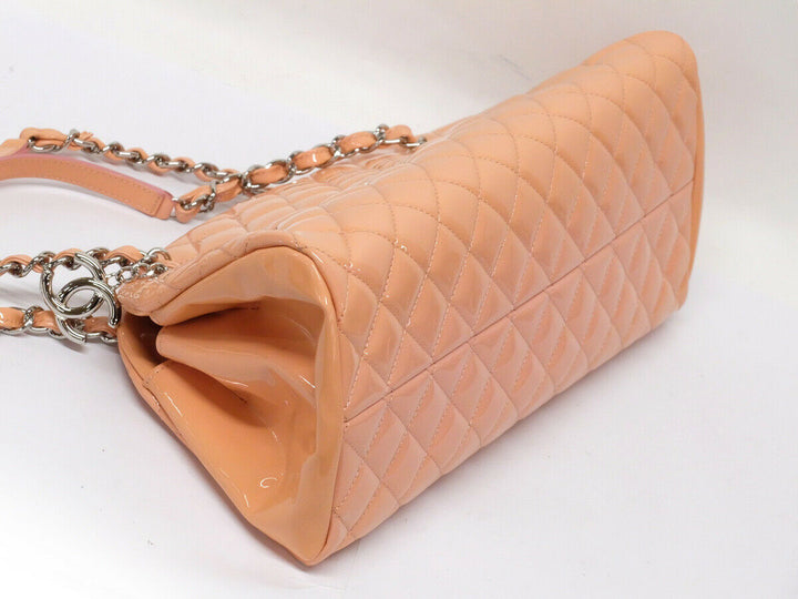 CHANEL Patent Tote Shoulder Bag Beige Pink Silver HW Medium