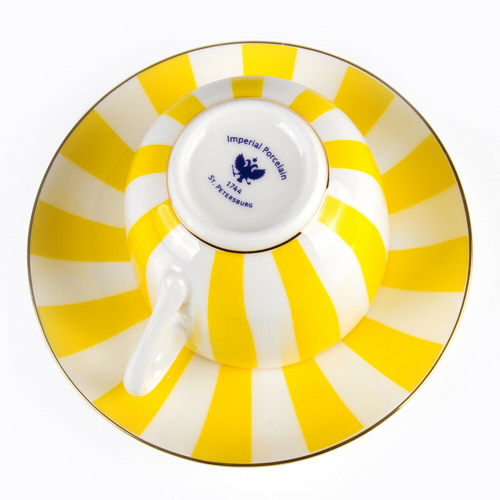 インペリアルポーセリン　ティーカップ＆ソーサー　ボーンチャイナ　ロモノーソフ　ストライプ　イエロー