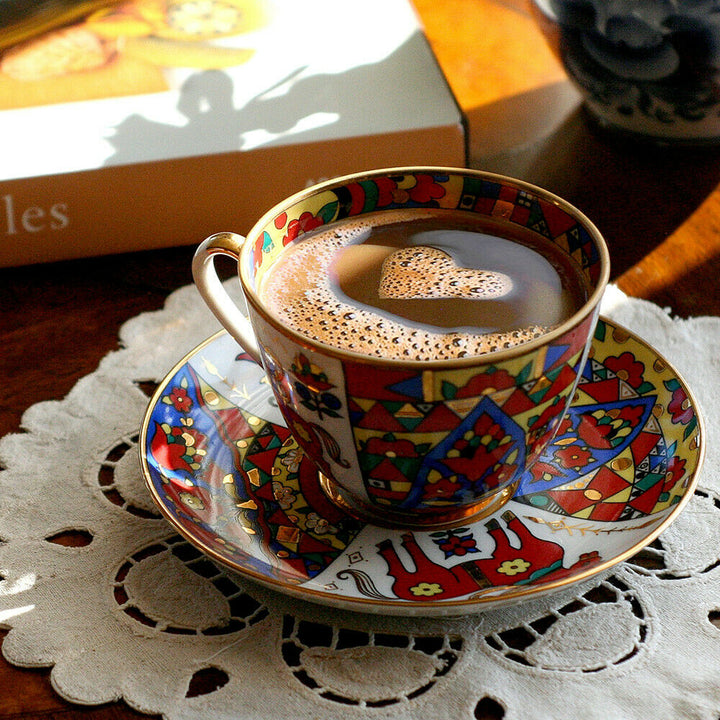 Folk Patterns Teacup & Saucer by Imperial Lomonosov Porcelain Red Rooster Luxury
