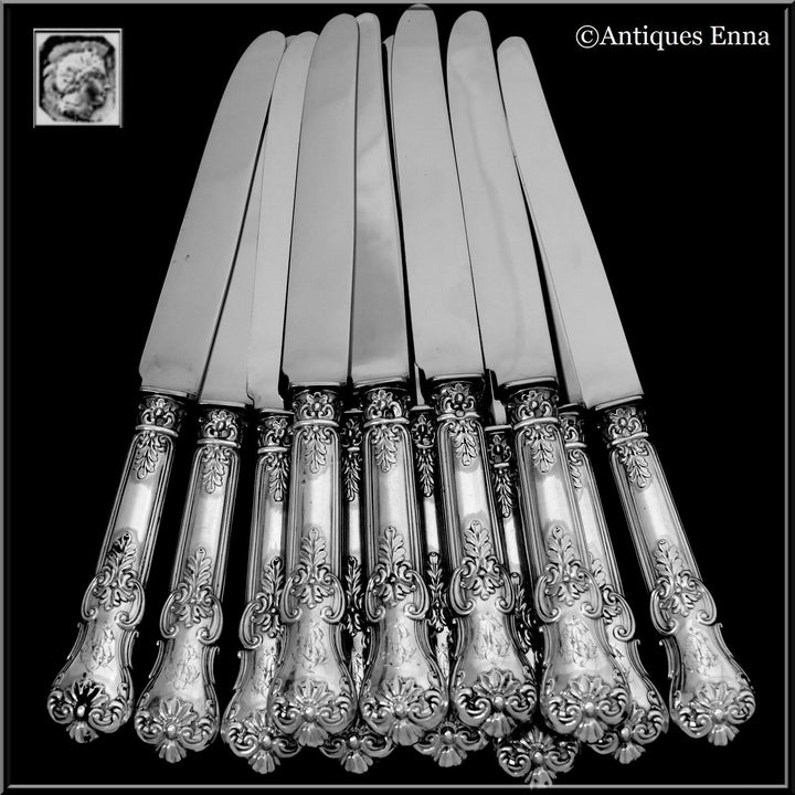 Antique French Sterling Silver Dinner Knife Set 12 pc New Stainless Steel Blades
