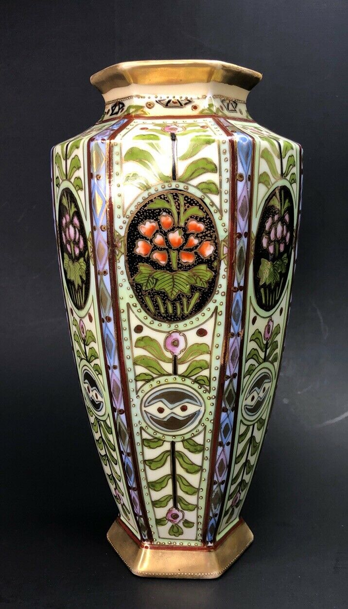 Early 9” NIPPON Noritake Porcelain Beaded Moriage Enamel Floral Art Vase Signed