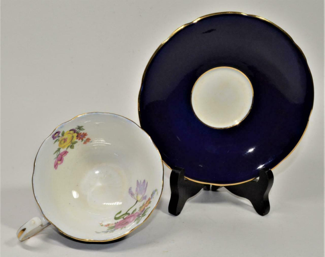 AYNSLEY Bone China England Cobalt Blue FLOWER BOUQUET Inside Set Cup & Saucer