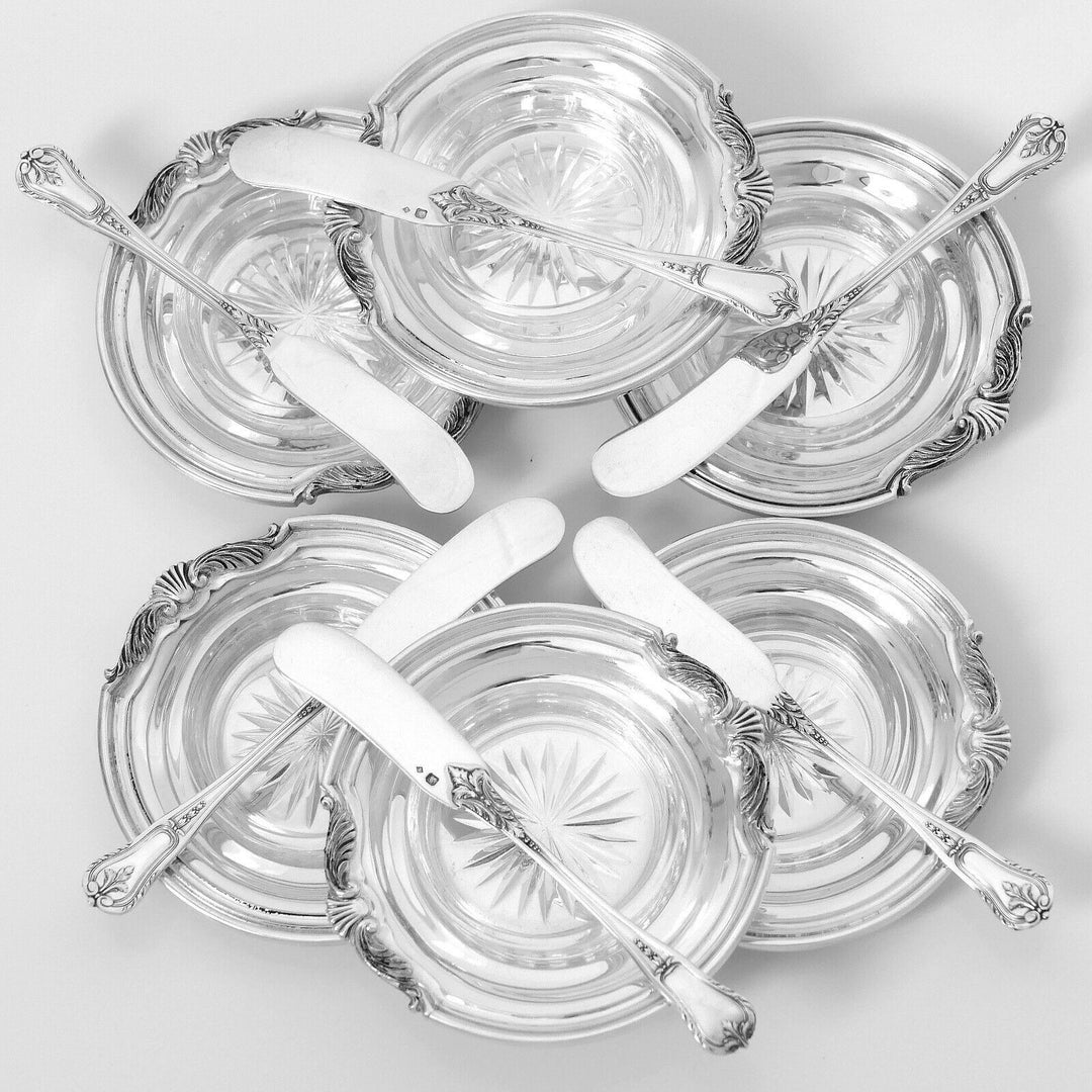 Tetard Rare French Sterling Silver Crystal Caviar Cups with Spreaders 12 Pc