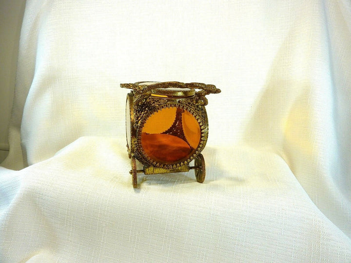 Vintage Ormolu 24k Gold Plate Amber Colour Beveled Glass Jewel Casket