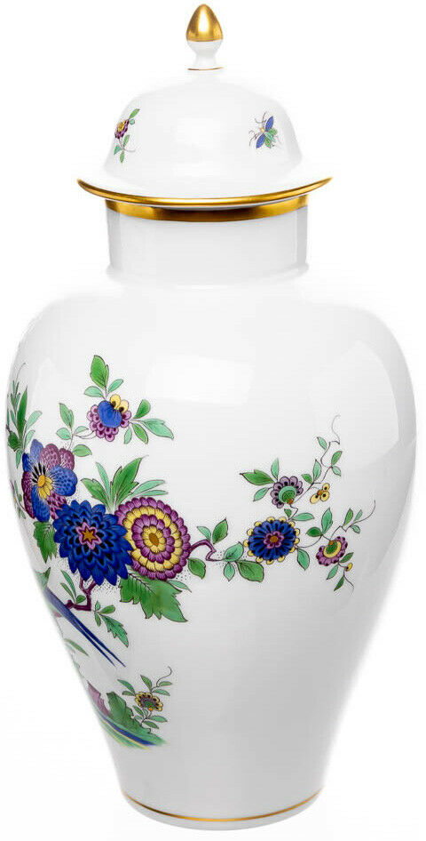 Deckelvase indische Fels- Blumen und Vogelmalerei Meissen Neuer Ausschnitt 1. W.