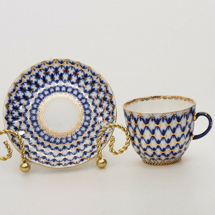 Cobalt Net Coffee Cup & Saucer by Imperial Porcelain Russian Lomonosov LFZ IFZ