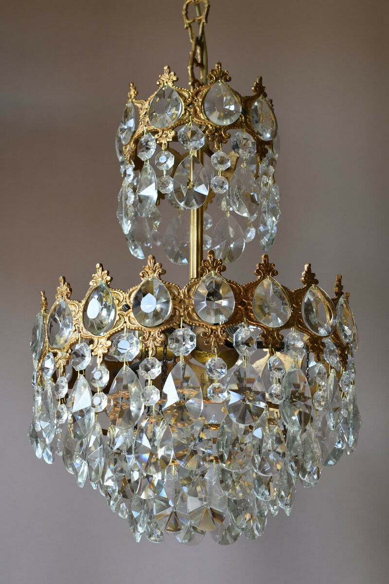 Brass Vintage Crystal Chandelier, Antique Lighting Bridal Lamp French Lustre