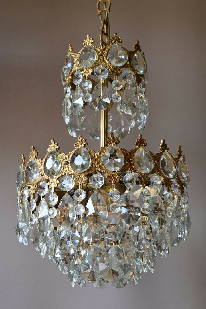 Brass Vintage Crystal Chandelier, Antique Lighting Bridal Lamp French Lustre