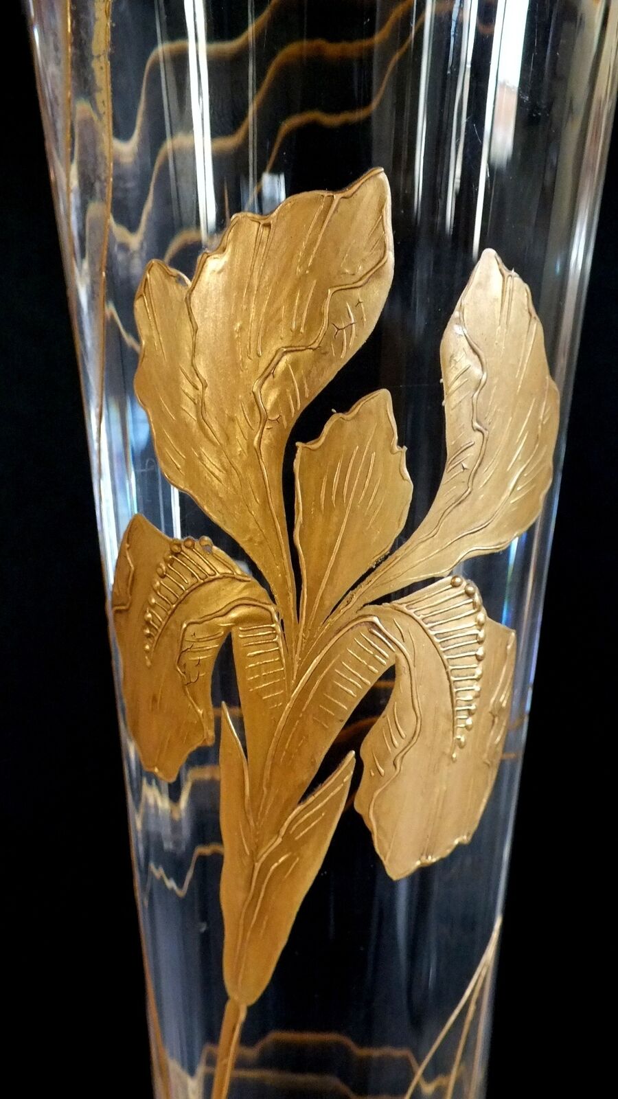 Grand Vase Art Nouveau Cornet Emaille Or Baccarat