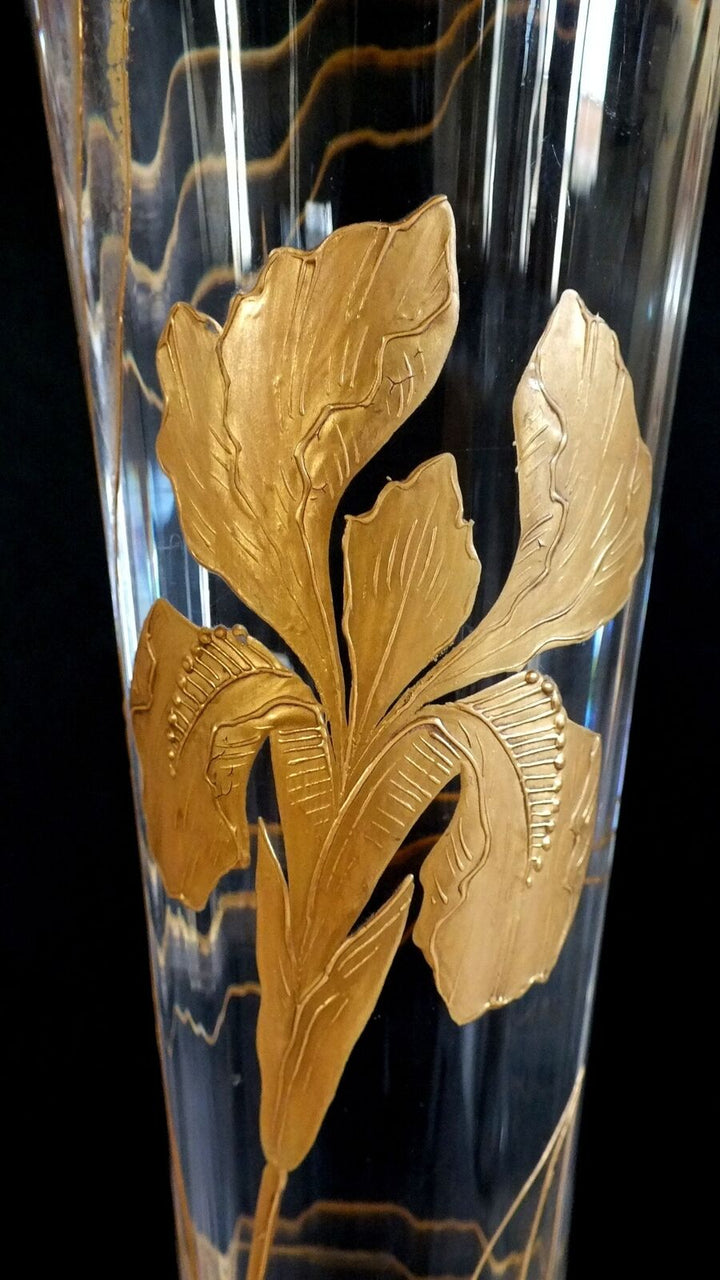 Grand Vase Art Nouveau Cornet Emaille Or Baccarat