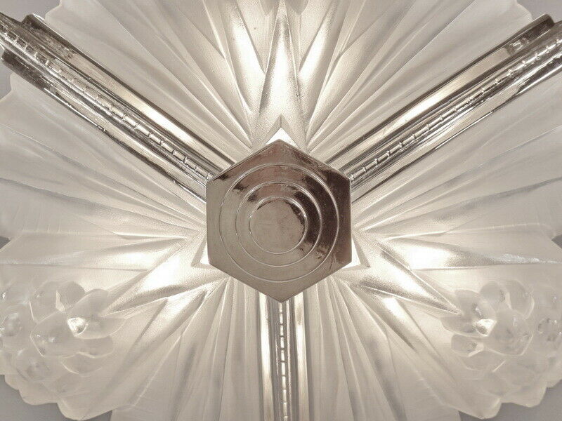 PETITOT : signed FRENCH 1930 ART DECO CHANDELIER ....... muller and degué shades