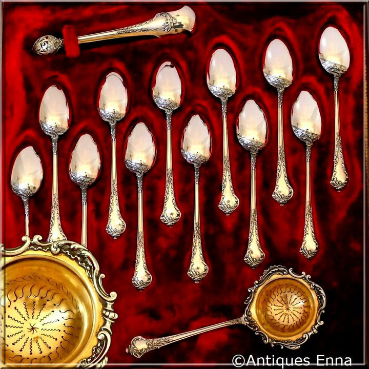 Debain French Sterling Silver 18K Gold Tea Service 14 pc w/original box Rococo