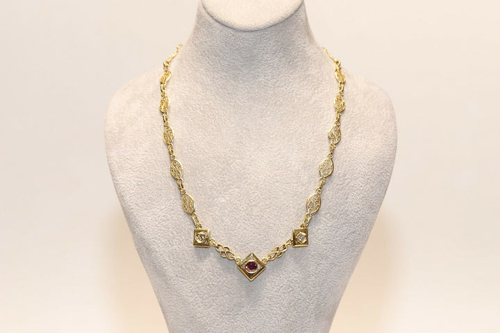 ヴィンテージ 18K ナチュラルダイヤモンドとルビーのネックレス