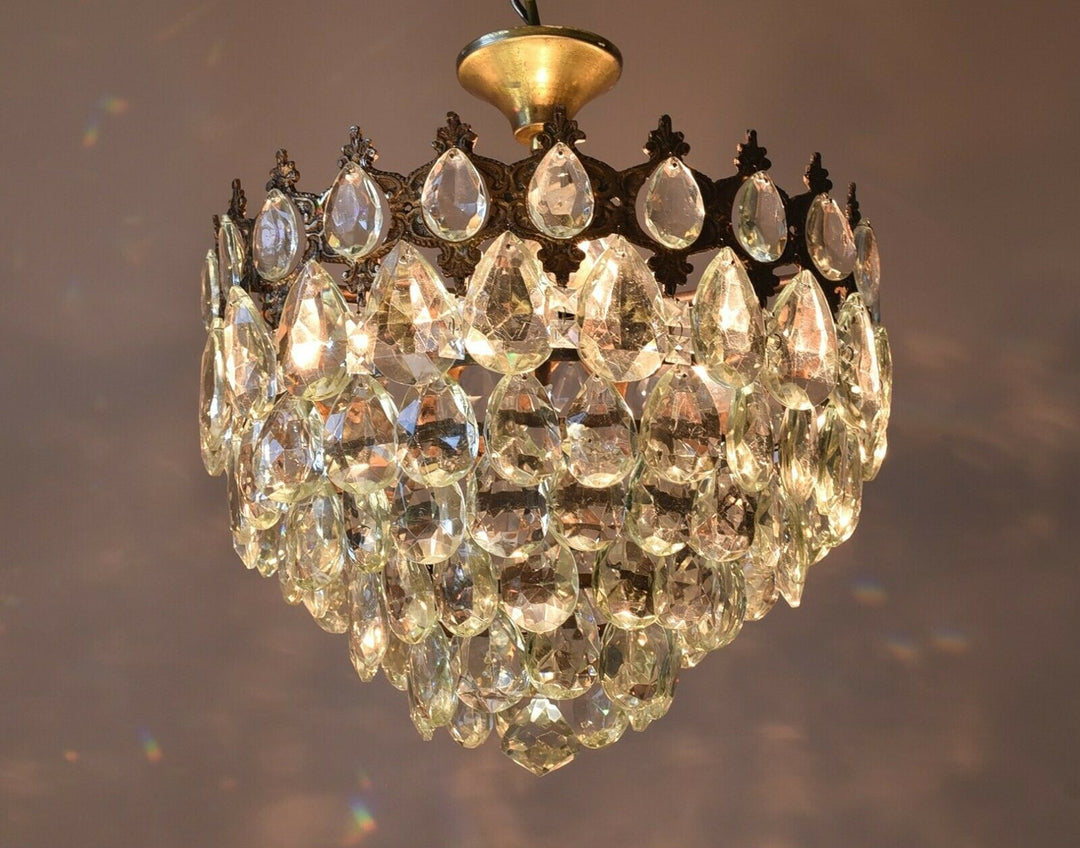 Flush Antique / Vintage Crystal Chandelier, Low Ceiling Chandelier, 1950's lamp