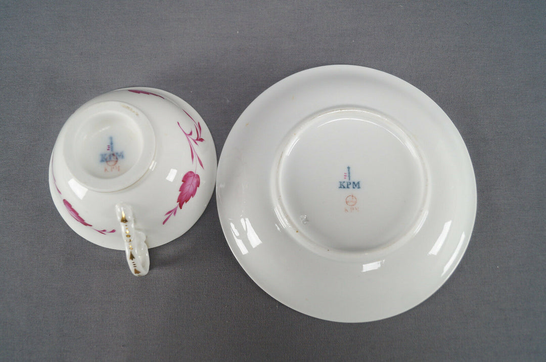 KPM Berlin Hand Painted Pink Floral Leaves & Gold Tea Cup Circa 1837 - 1844