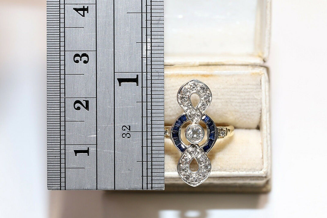 アンティーク オリジナル アールデコ 18K ナチュラルダイヤモンドとカリバーサファイアのリング