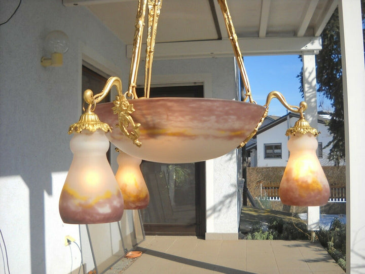 MULLER FRERES ( Croismare ) Deckenlampe Pate de verre Messing