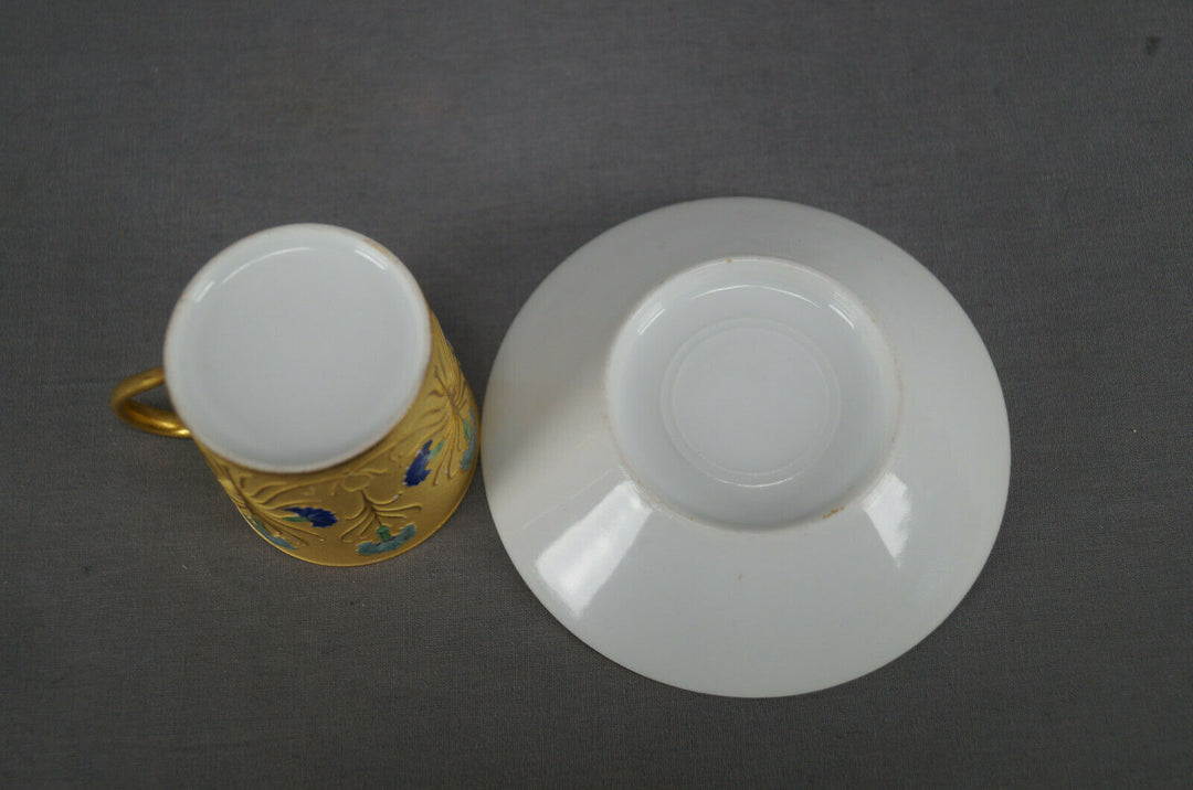 Antique French Hand Painted Blue Carnation Flower & Gold Demitasse Cup & Saucer
