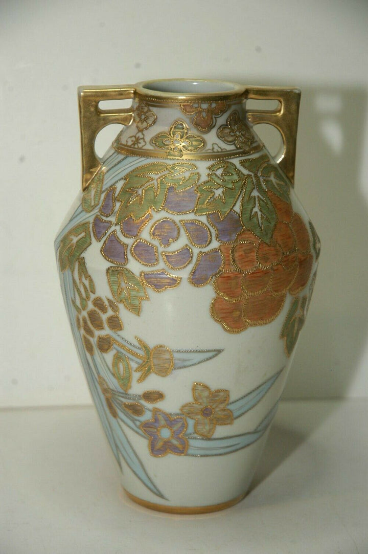 Noritake Nippon Morimura Two Handled Hand Painted Gilded Floral Vase 7.75" tall