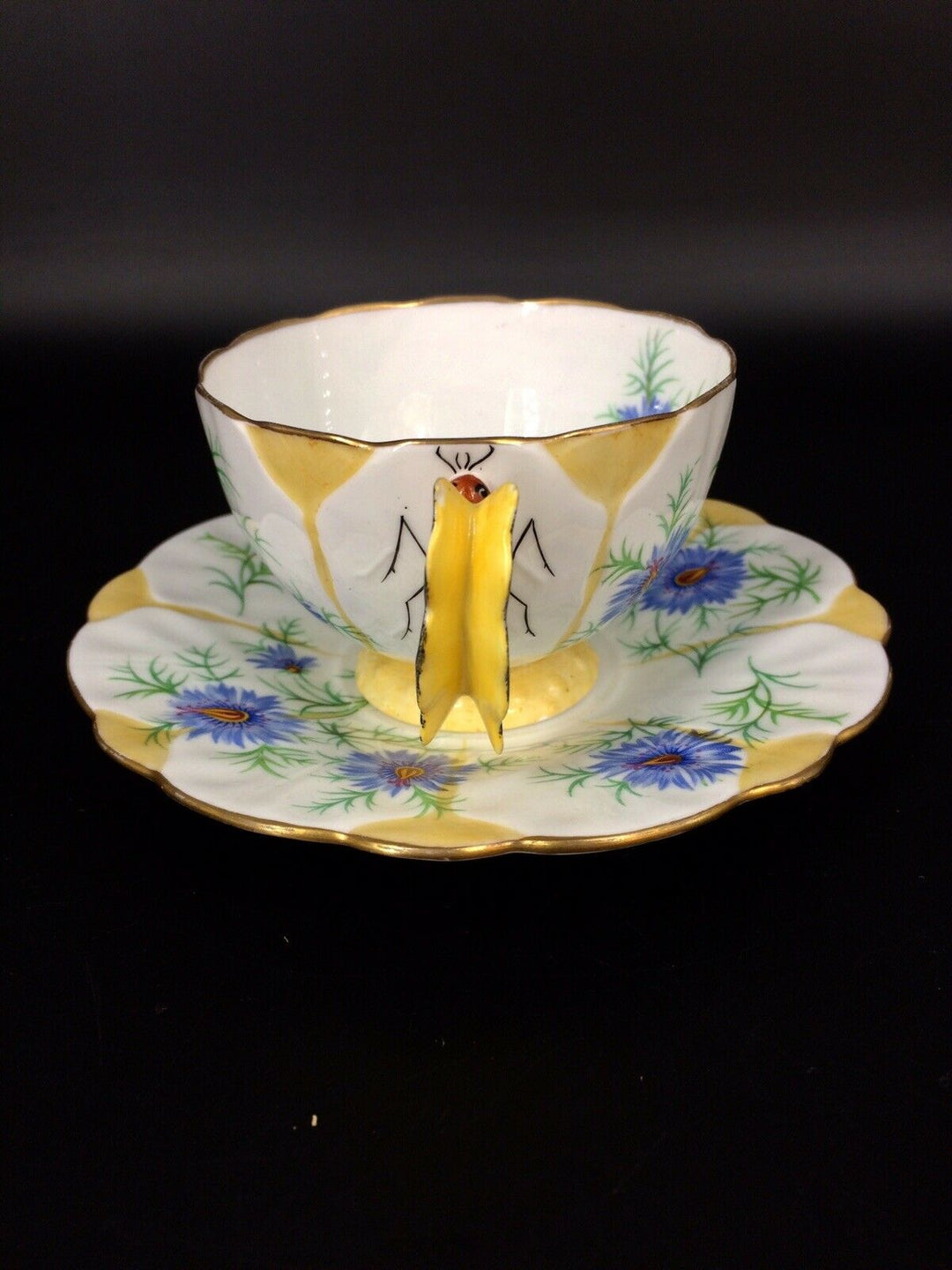 F/S English Royal antiques AYNSLEY butterfly handle flowercup&saucer mint