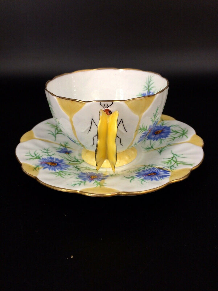 F/S English Royal antiques AYNSLEY butterfly handle flowercup&saucer mint