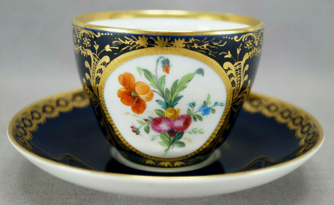 KPM Berlin Hand Painted Floral Cobalt & Gold Entwined Handle Tea Cup & Saucer C