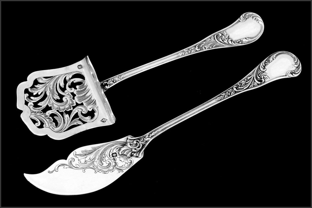 Queille French All Sterling Silver Dessert Hors D'oeuvre Set 4 pc w/box Rococo