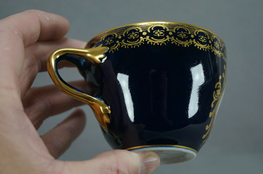 KPM Berlin Hand Painted Floral Cobalt & Gold Entwined Handle Tea Cup & Saucer C