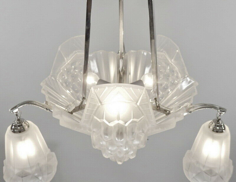PETITOT : signed FRENCH 1930 ART DECO CHANDELIER ....... muller and degué shades