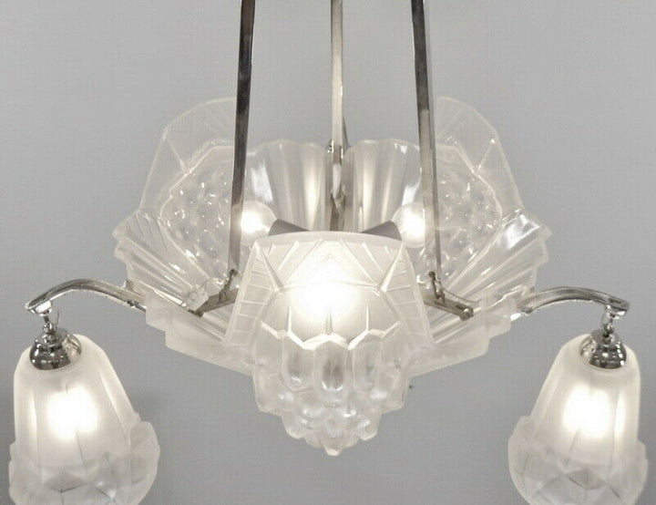 PETITOT : signed FRENCH 1930 ART DECO CHANDELIER ....... muller and degué shades