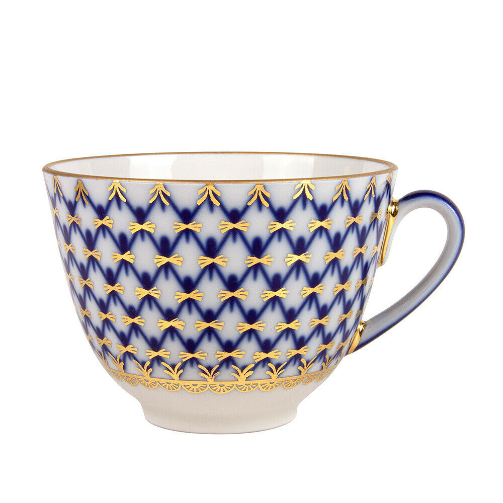 Cobalt Net Porcelain Teacup and Saucer, Imperial Porcelain Russia, 230 ml LFZ