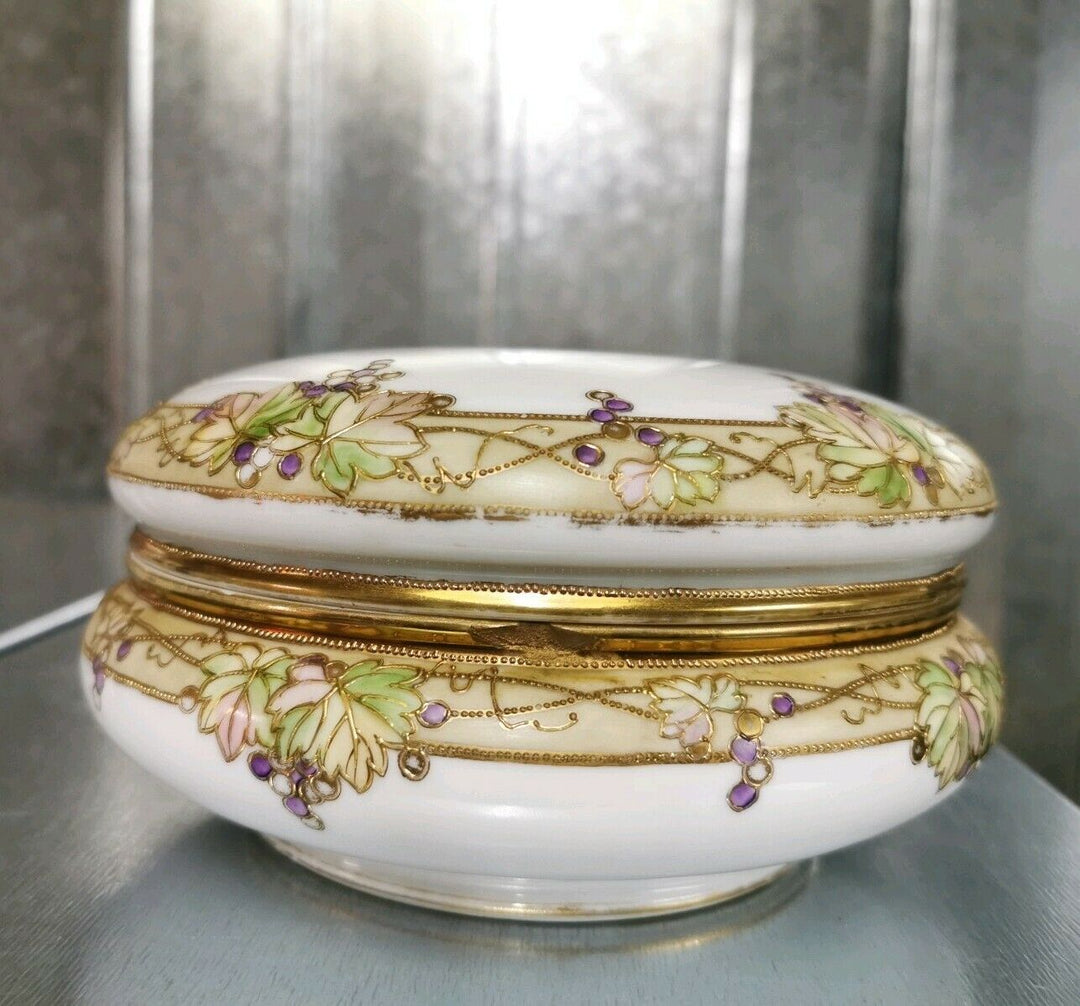 Antique Nippon Hand Painted Humidor Bowl Gilt Gold Grape Morimura Bros Vintage