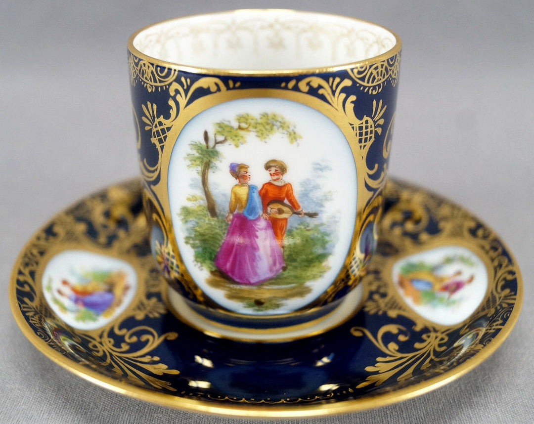 Richard Klemm Dresden Hand Painted Courting Couple Cobalt & Gold Demitasse Cup A