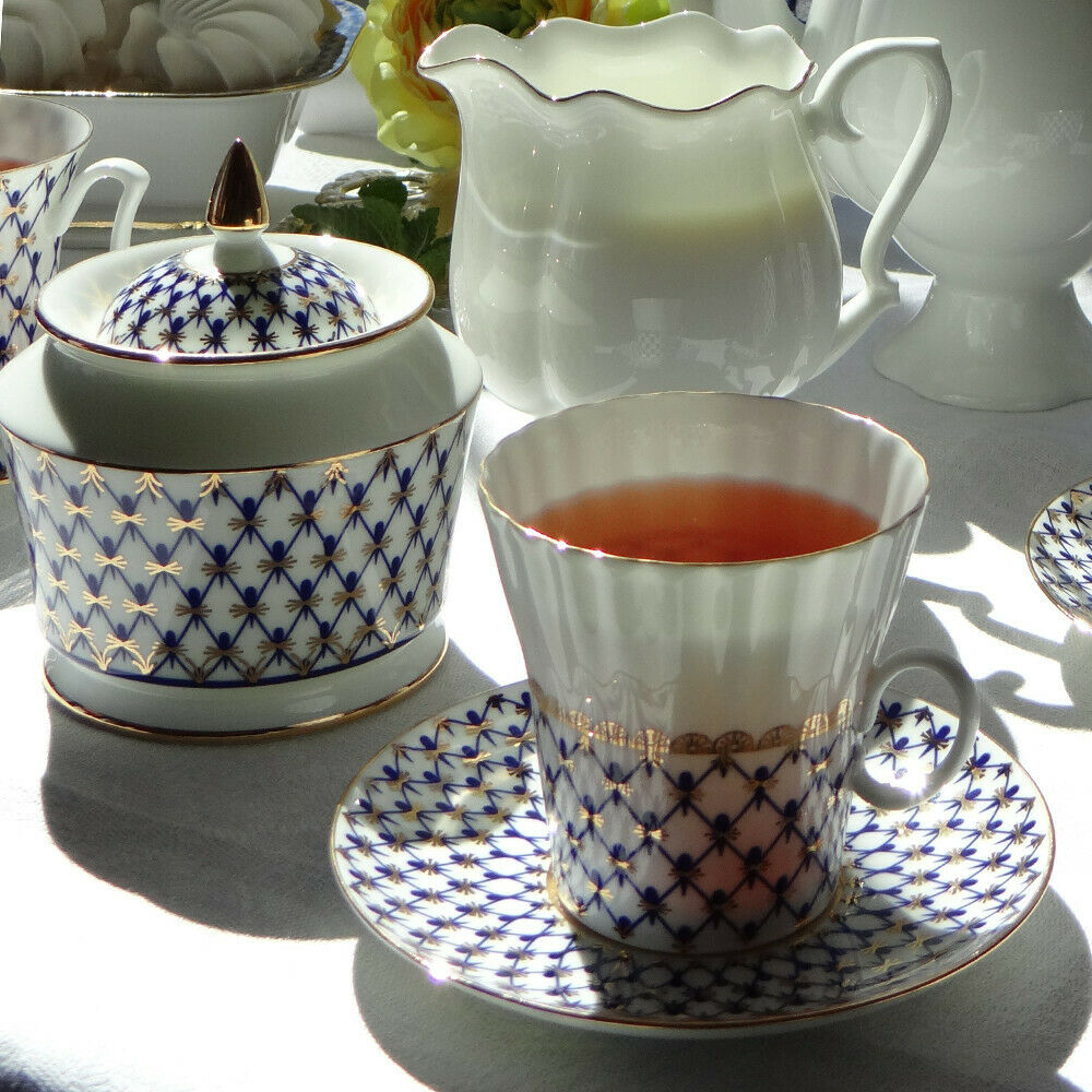 Dandelion Cobalt Net Coffee Cup & Saucer Imperial Porcelain Lomonosov Bone China