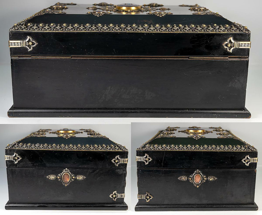 RARE 13.5" Antique French Table, Jewelry Box, Gem-Set Kiln-fired Enamel Plaques
