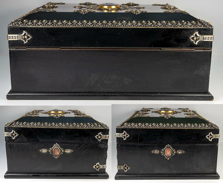 RARE 13.5" Antique French Table, Jewelry Box, Gem-Set Kiln-fired Enamel Plaques