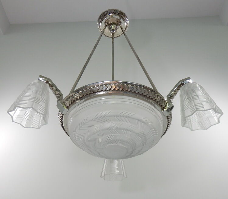 PETITOT : LARGE FRENCH 1930 ART DECO CHANDELIER ...... lustre bronze muller era