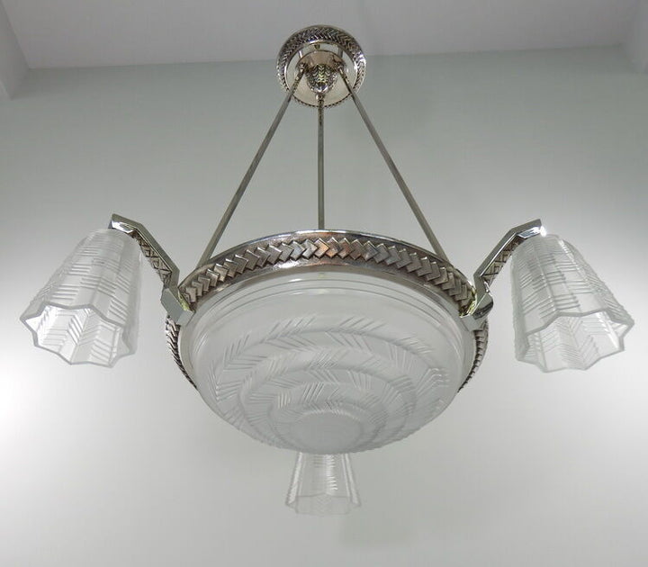 PETITOT : LARGE FRENCH 1930 ART DECO CHANDELIER ...... lustre bronze muller era