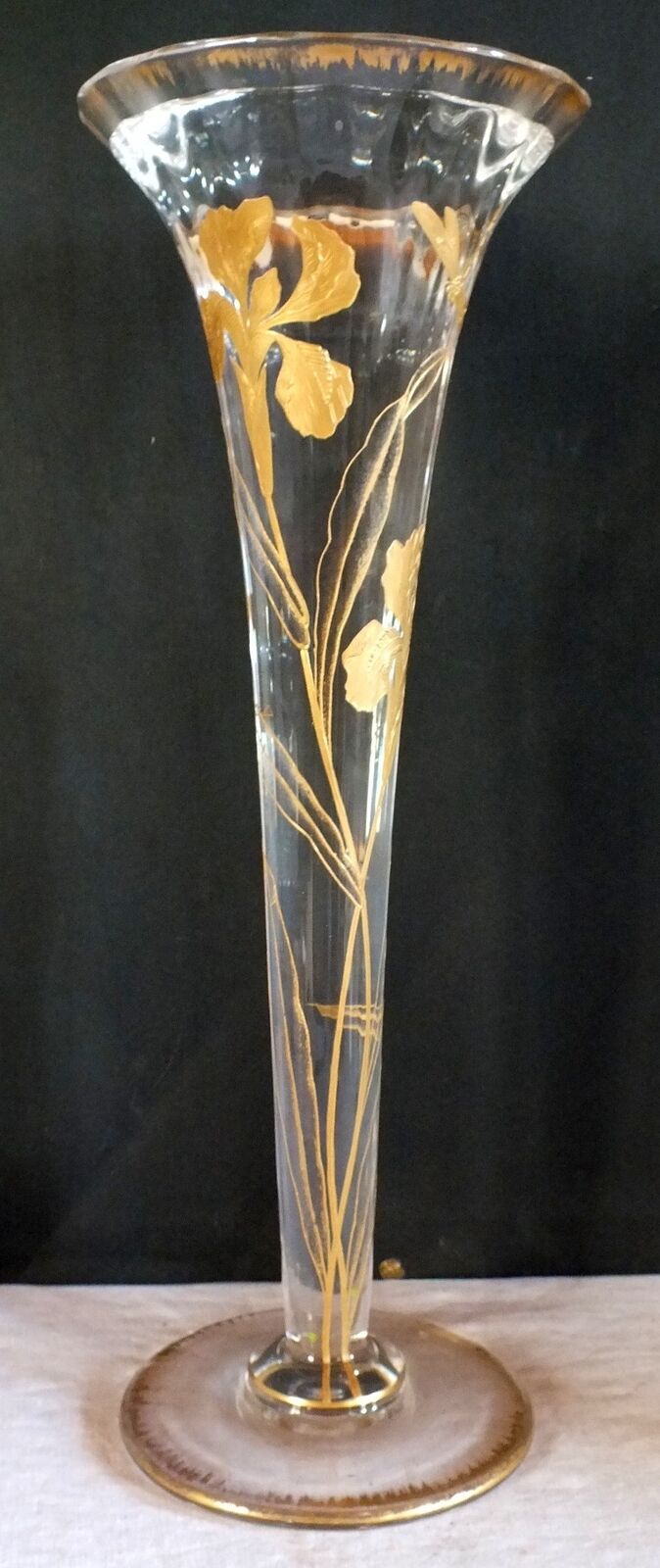 Grand Vase Art Nouveau Cornet Emaille Or Baccarat