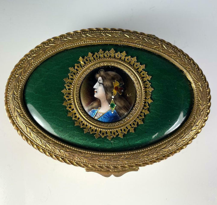 Antique French Kiln-fired Enamel Portrait Jewelry Box, Casket, 4 5/8" Dore Bronz