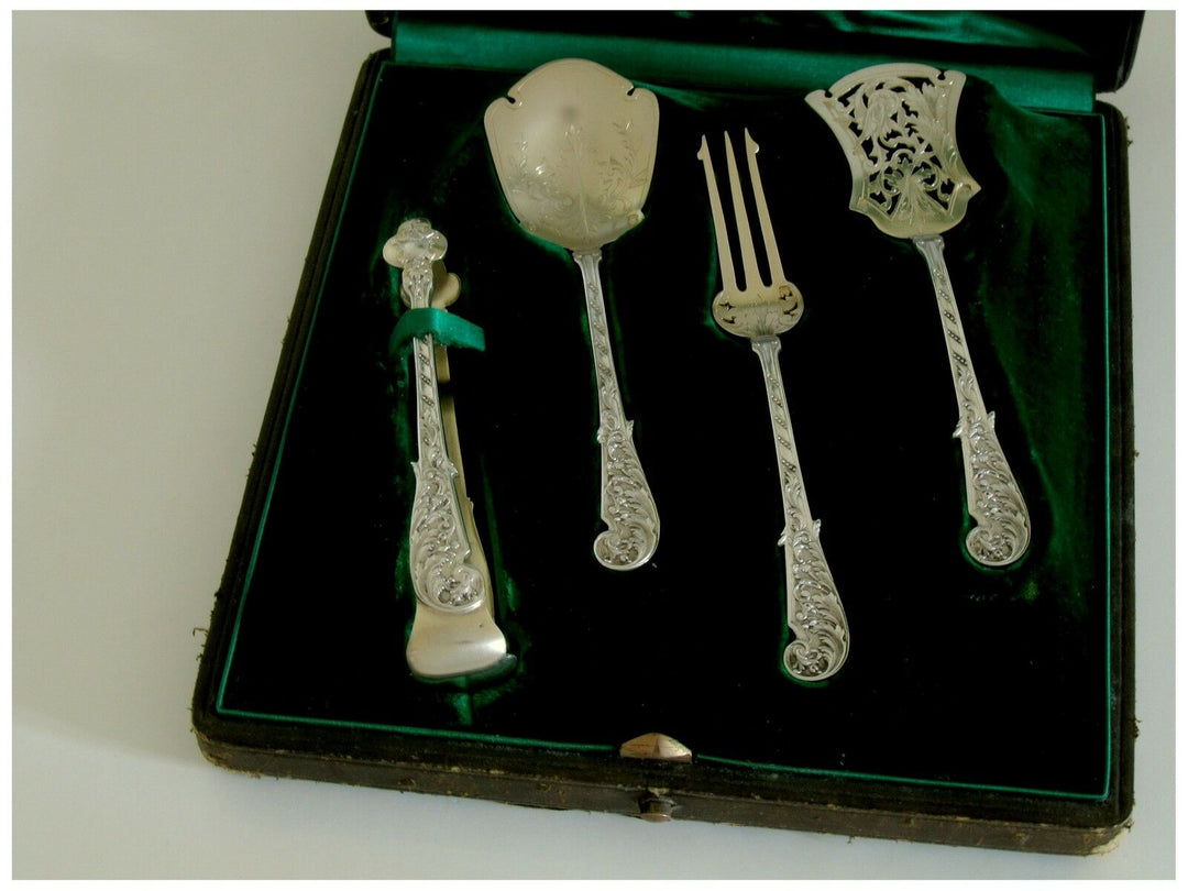 Soufflot French Sterling Silver 18K Gold Dessert Hors D'oeuvre Set 4 pc w/box
