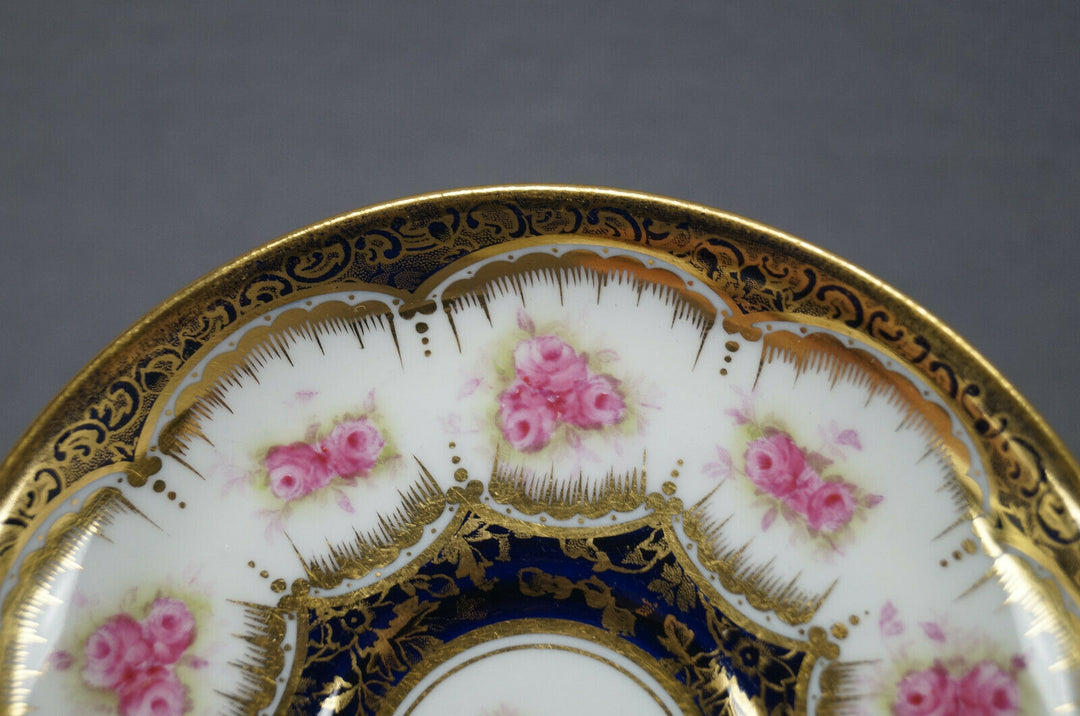 Paragon Pink Roses Cobalt & Gold Empire Form Chocolate Cup & Saucer Circa 1907