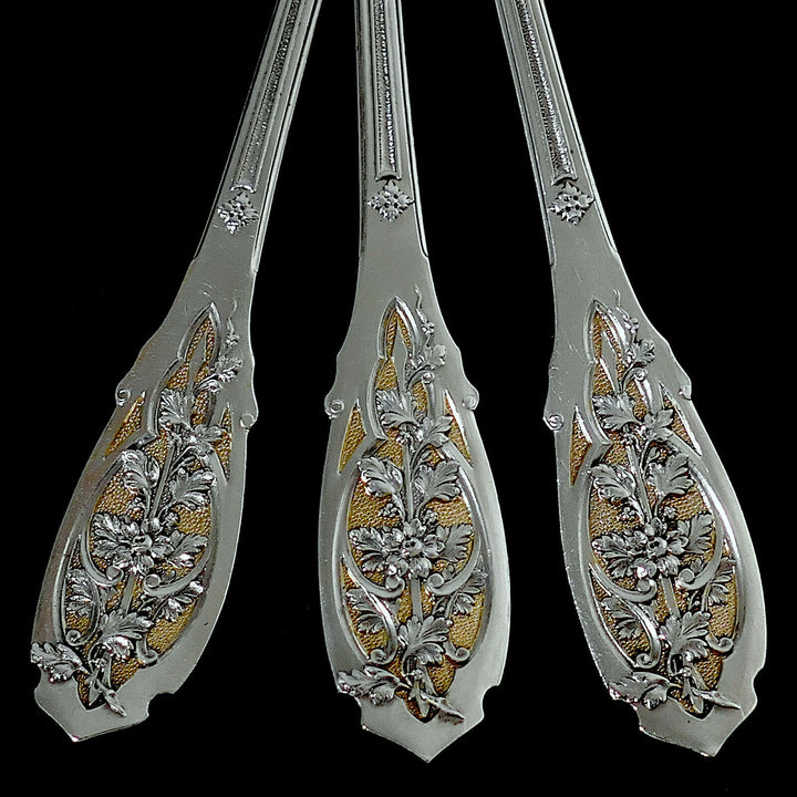 Puiforcat French Sterling Silver 18k Gold Dessert Set 4 Pc, Box, Moderne