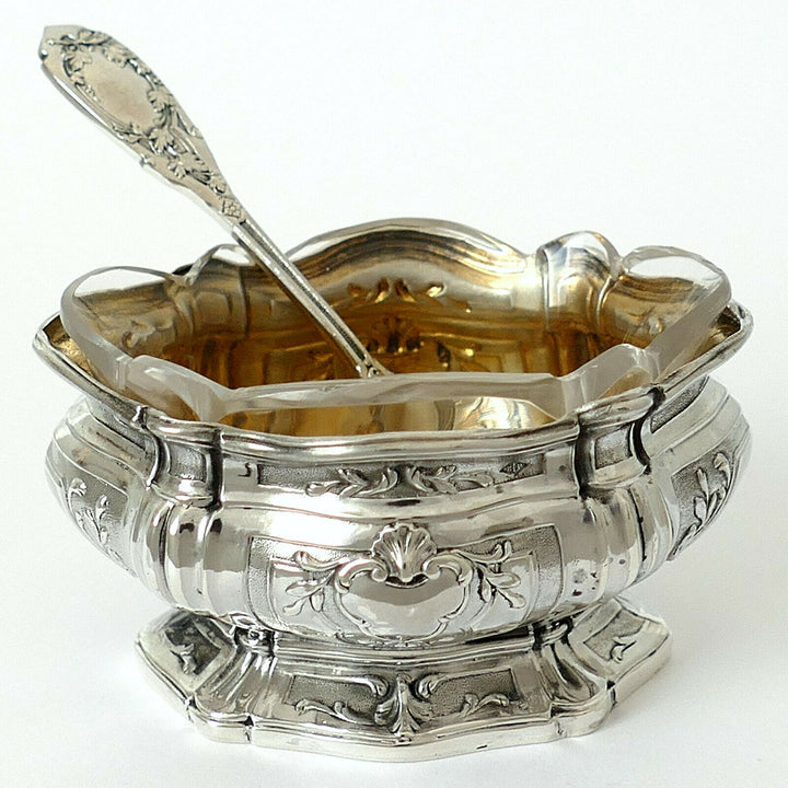 Puiforcat French Sterling Silver Salt Cellars Pair, Spoons, Box,