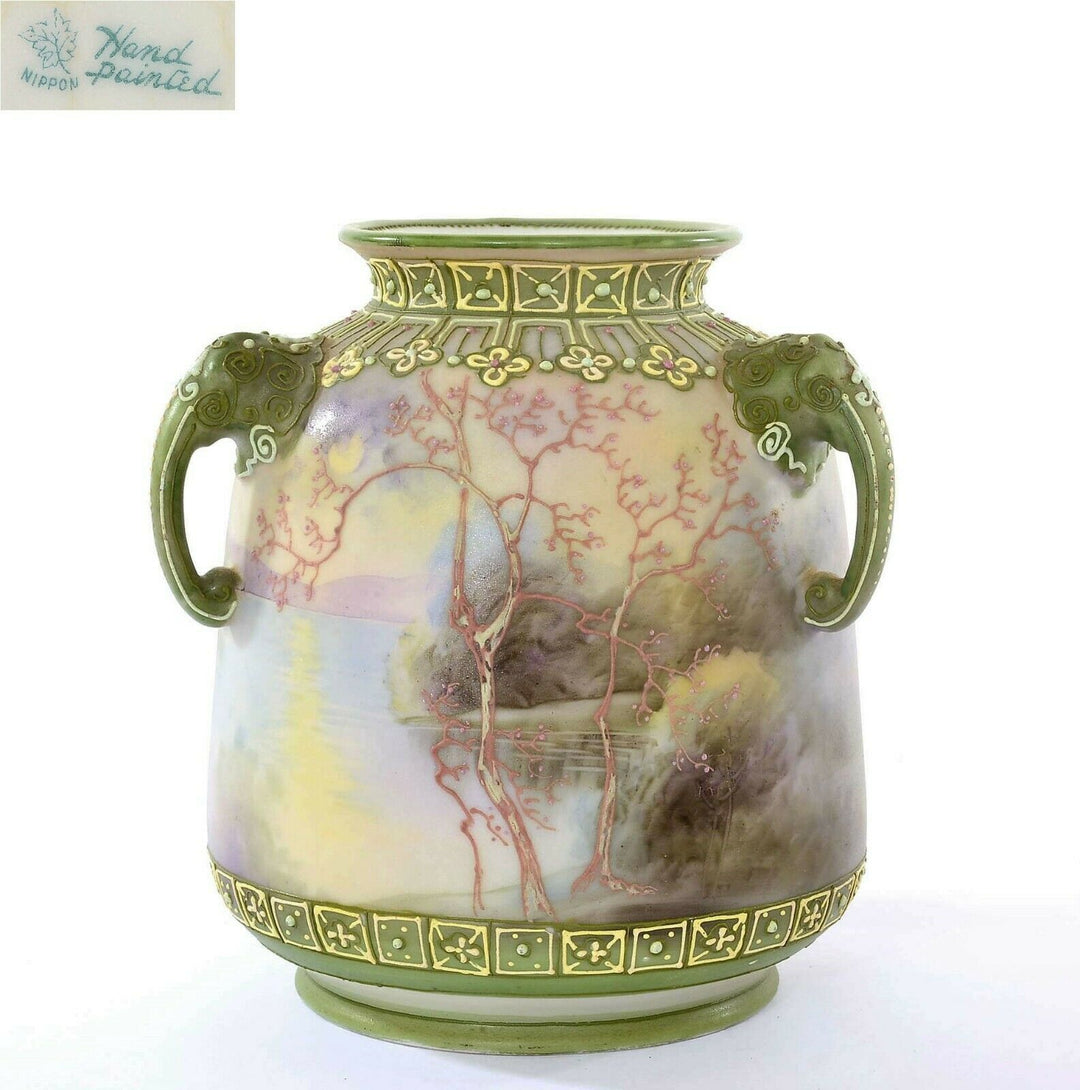 Japanese Hand Painted Moriage Nippon Porcelain Elephant Handle Scenic Vase Mk