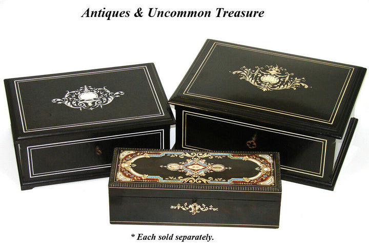 Elegant Antique French 11" Jewelry or Desk Box, Ebony Marquetry & Ornate Inlay