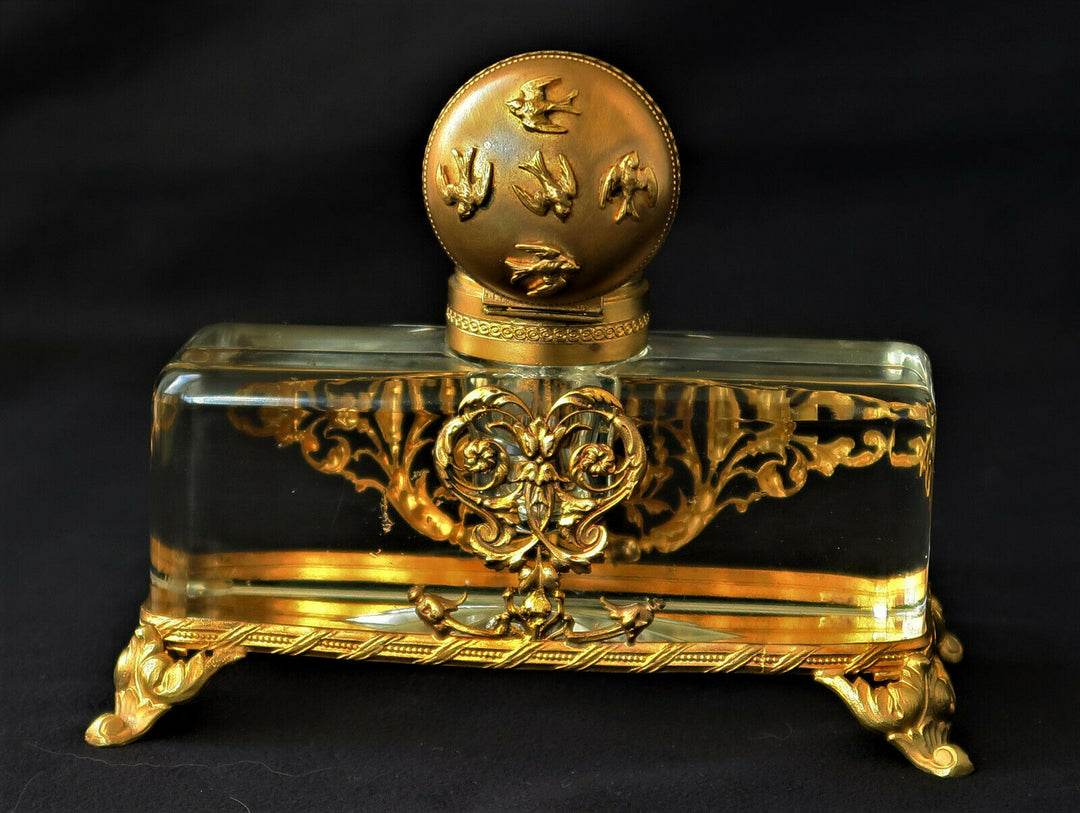 Encrier EMPIRE Bronze Doré Cristal Baccarat Hirondelles Vase Fleuri XIXème