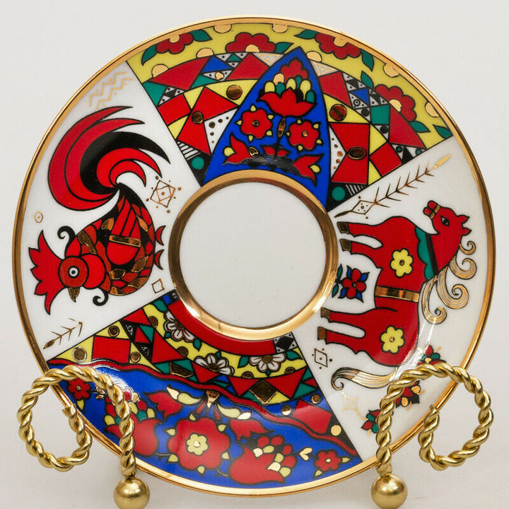 Folk Patterns Teacup & Saucer by Imperial Lomonosov Porcelain Red Rooster Luxury